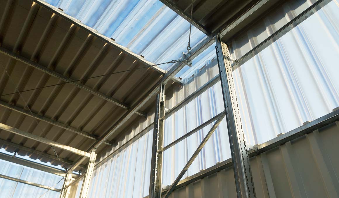 Brass shelved warehouse roof details